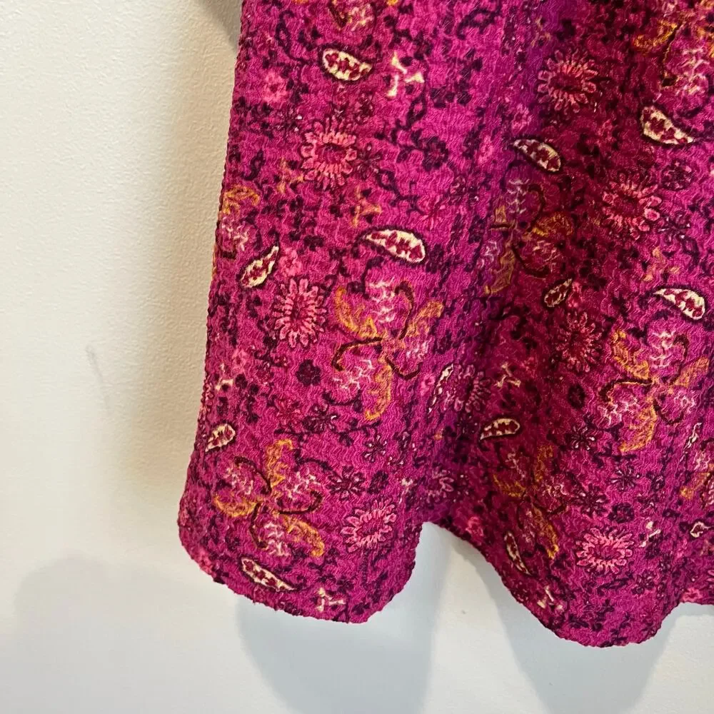LOFT Floral Print Puff Sleeve Blouse Boho Chic Pink Purple Top Size Large